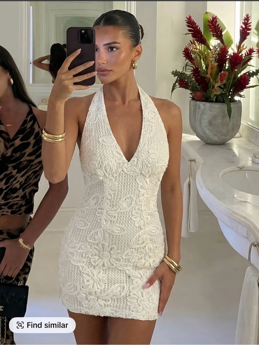 Women's Cream Halter Lace Bodycon Dress